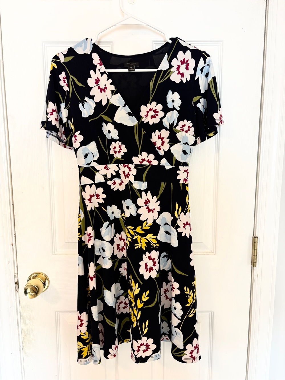 Ann Taylor Factory Blue Floral V‑Neck Fit & Flare Mini Dress